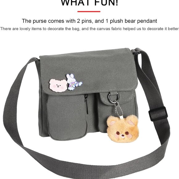Kawaii Crossbody Bag - Cute Canvas Purse with Accessories & Adjustable Strap - Picture 3 of 7